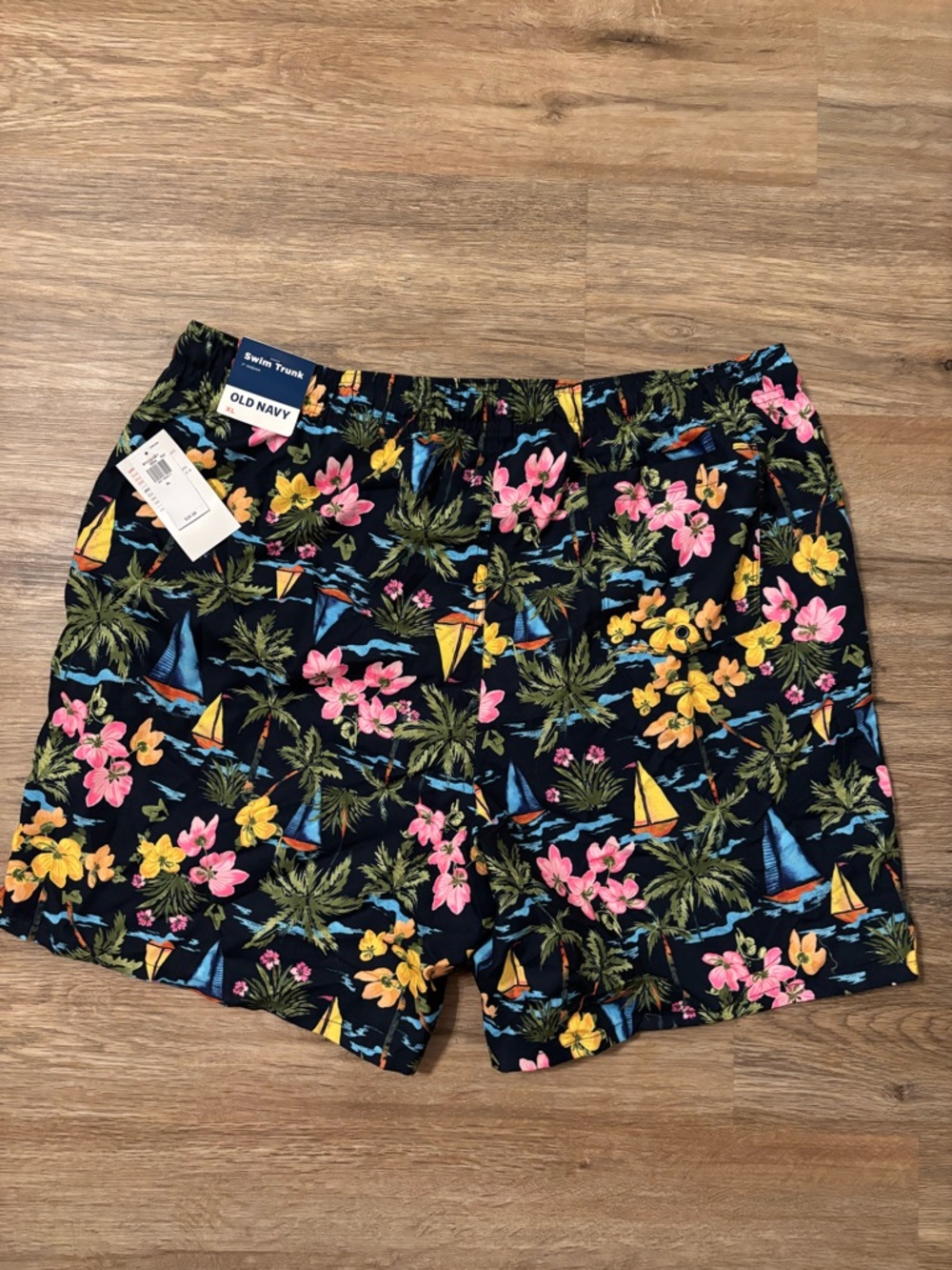 Old Navy Black Tropical Floral Swim Shorts with Pink & Yellow Accents